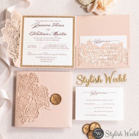 Elegant Blush Rose Laser Cut Pocket Wedding Invitations With Rose Gold Glitter Paper Backer Swws163