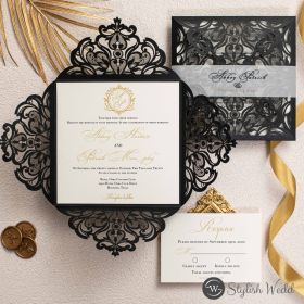 Shiny Black Laser Cut Wedding Invitations With Printed Belly Band Swws164