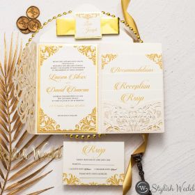 Ivory Laser Cut Wedding Invitations With Mirror Gold Belly Band Swws165