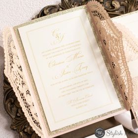Exquisite Blush Laser Cut Wedding Invitations With Ivory Belly Band And Customized Wax Seal Sticker Swws168