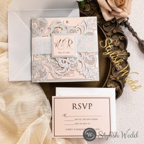 Silver Glittery And Blush Wedding Invitations With Translucent Vellum Belly Band Swws170
