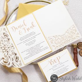 Ivory Laser Cut Pocket Fold With Modern Invitation Set On A Mirrored Backer With Personalized Tag For Finishing Swws172