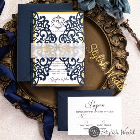 Customizable Monogram Classic Blue Wedding Invitation With Foil Vellum Belly Band Swws174