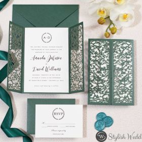 Delicate Outdoor Emerald Leaves Mesh Laser Cut Wedding Invitation Swws178