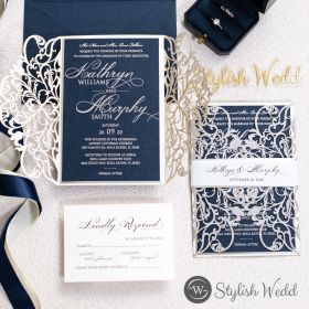 Delicate Laser Cut Wedding Invitations With Silver Mirror Belly Band Swws184
