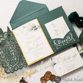 Greenery And Gold Laser Cut Tri-Fold Pocket Wedding Invitations Swws187