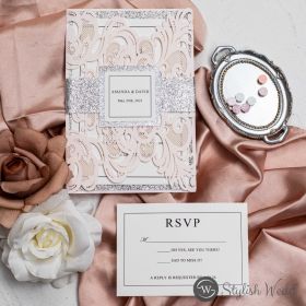 Elegant Upscale Blush And Silver Glittery Laser Cut Wedding Invitation Kits With Belly Bands And Tags Swws192