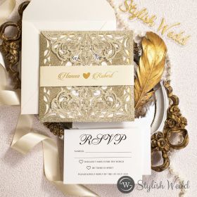 Glittery Champagne Laser Cut Fold With Printed Tab And Gold Mirror Backer Swws196