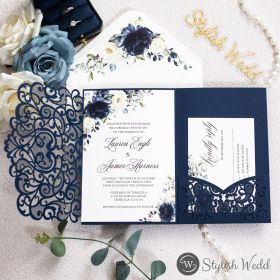 Elegant Navy Blue And Ivory Rose Laser Cut Pocket Wedding Invitations Swws204