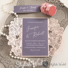 Elegant Blush Laser Cut Wedding Invitation With Dark Grey Inner And Belly Band Swws209