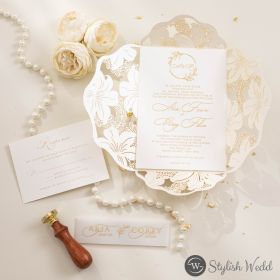 Elegant Ivory Lily Flower Laser Cut Wedding Invites With Monogram Insert Swws267