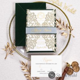 Luxury Glittering Champagne Laser Cut Wedding Invitation With Green Velvet Belly Band Wedding Invitations Swws316