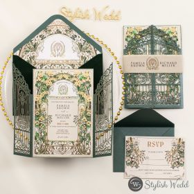 Elegant Byzantine Floral Laser Cut Wedding Invitation With Printed Belly Band Swws374