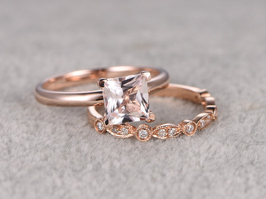 6.5mm Princess Cut Morganite Wedding Set Diamond Bridal Ring 14k Rose Gold Marquise Eternity Matching Band