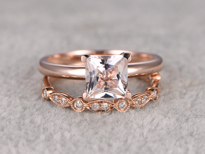 6.5mm Princess Cut Morganite Wedding Set Diamond Bridal Ring 14k Rose Gold Marquise Eternity Matching Band