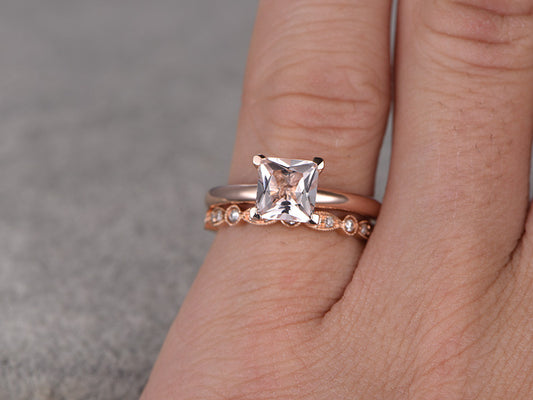 6.5mm Princess Cut Morganite Wedding Set Diamond Bridal Ring 14k Rose Gold Marquise Eternity Matching Band