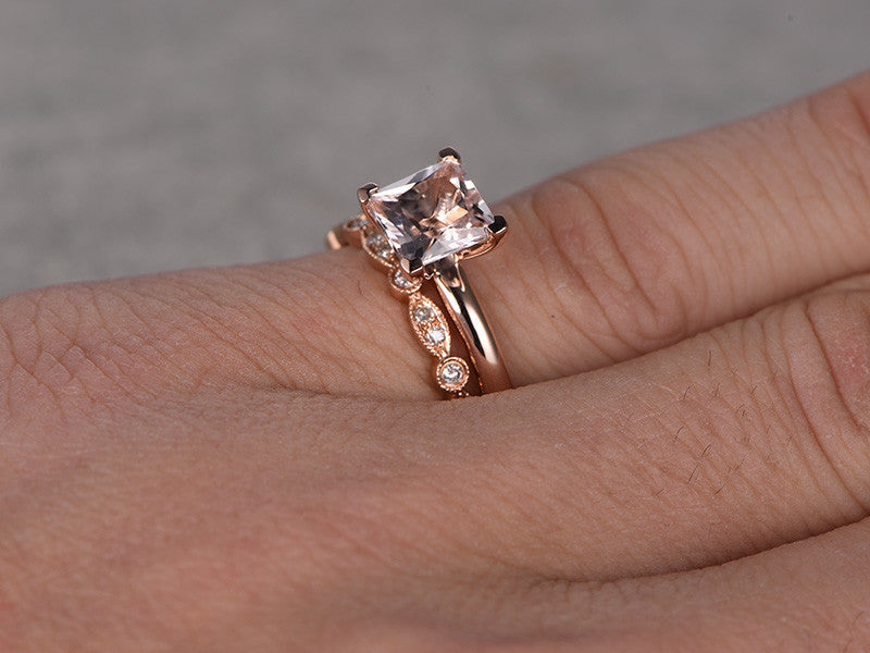 6.5mm Princess Cut Morganite Wedding Set Diamond Bridal Ring 14k Rose Gold Marquise Eternity Matching Band
