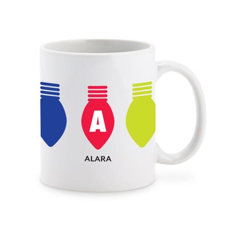 Custom Printed White 11 oz. Ceramic Coffee Mug - Retro String Light Initial