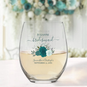 Teal Aqua Boho Roses Bridesmaid Maid of Honor Gift Stemless Wine Glass