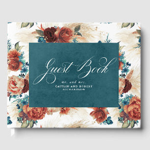 Teal Blue Terracotta Boho Floral Wedding Guest Book
