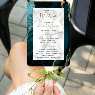 Teal Gold Agate Marble Wedding Program Hand Fan