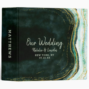 Teal Green & Gold Agate Marble Wedding Photo Album 3 Ring Binder