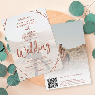 Terracotta boho frame photo script Qr code wedding Invitation