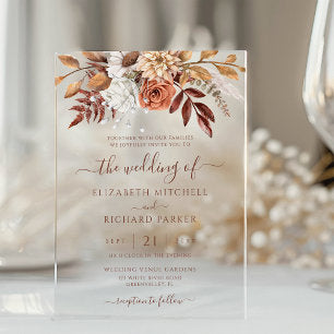 Terracotta Rust Flowers Boho Fall Foliage Wedding Acrylic Invitations