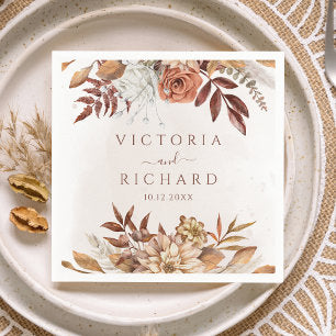 Terracotta Rust Flowers Boho Fall Foliage Wedding Napkins