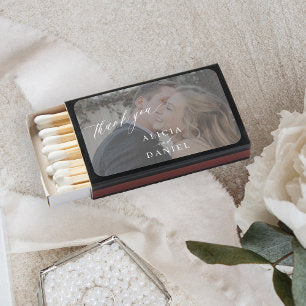 Thank you elegant script wedding photo favor matchboxes