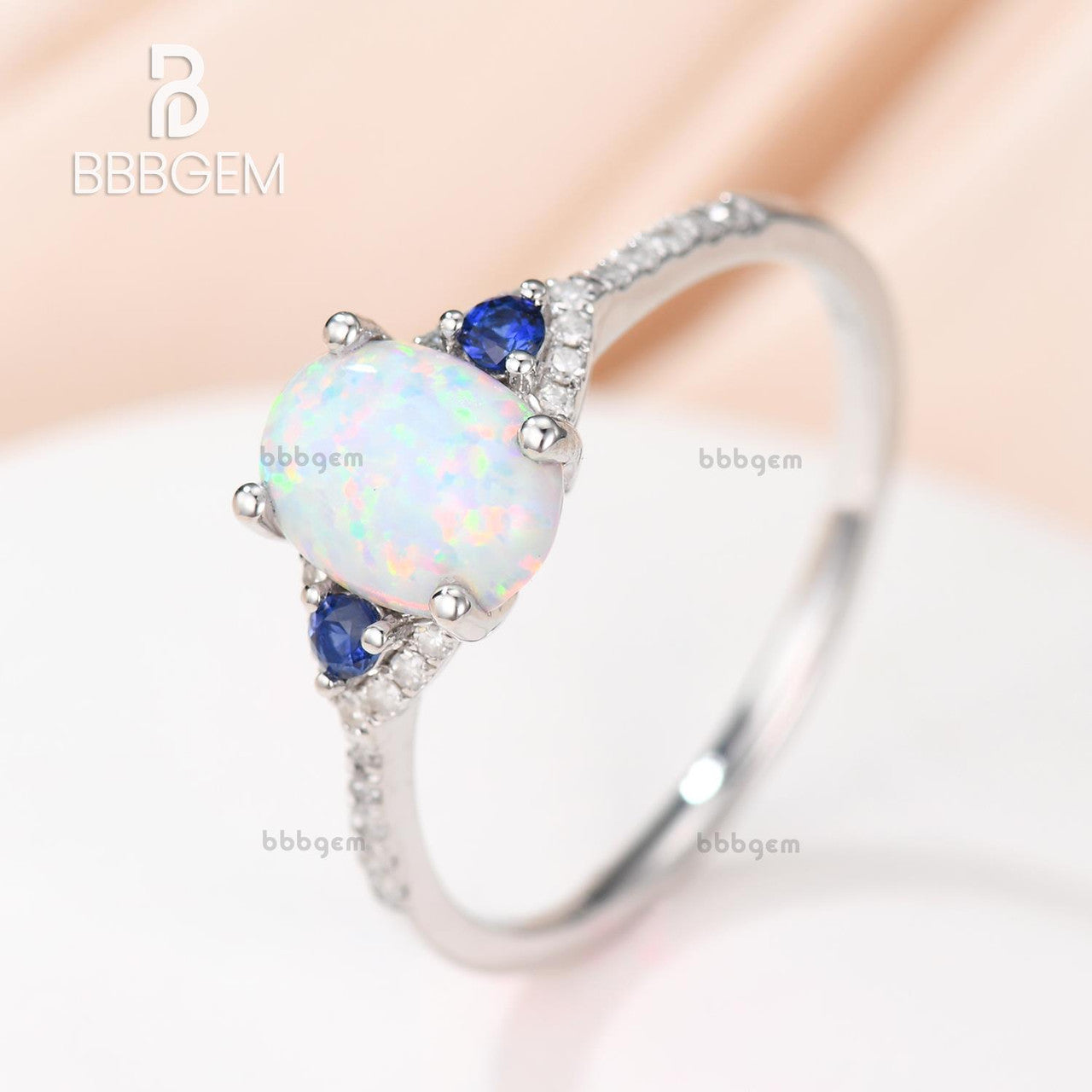 14K/18K Art Deco Three Stone Opal And Sapphire Engagement Ring