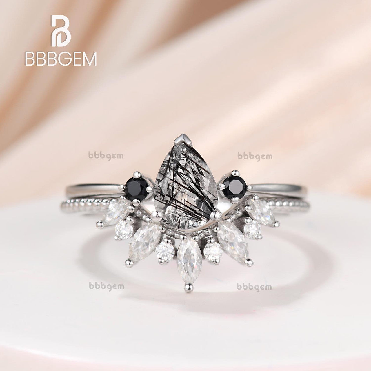 14K/18K Three Stone Black Rutilated Quartz Black Diamond Engagement Rings Set Moissanite Wedding Band