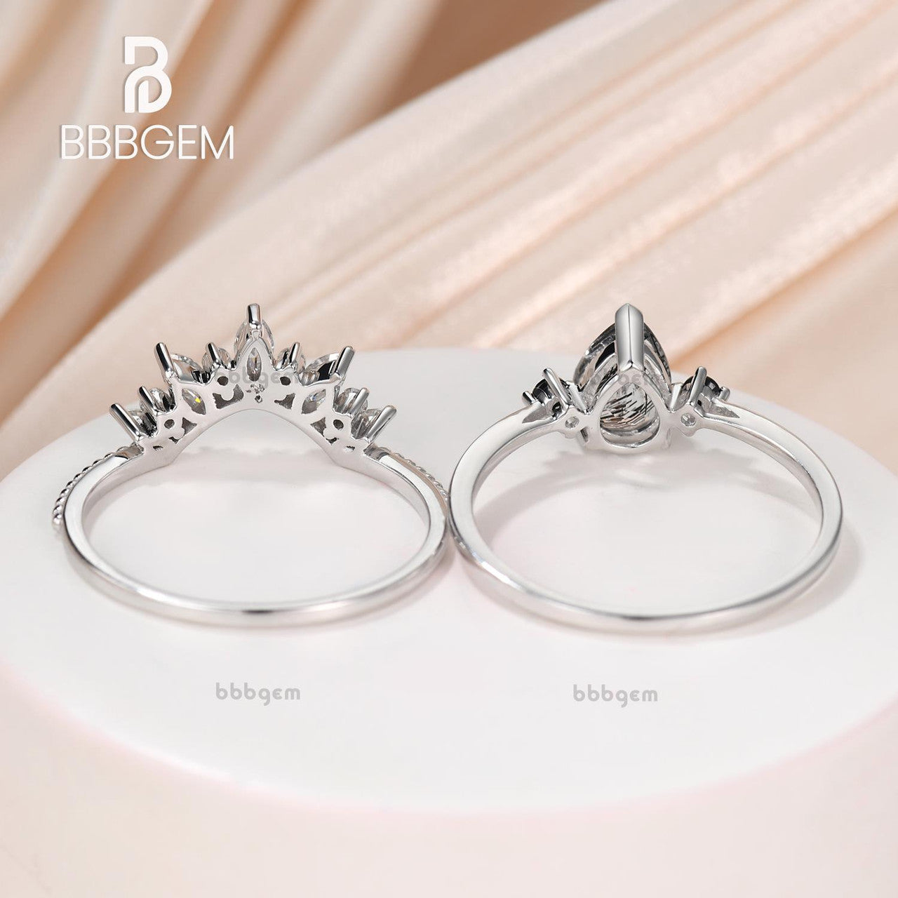 14K/18K Three Stone Black Rutilated Quartz Black Diamond Engagement Rings Set Moissanite Wedding Band