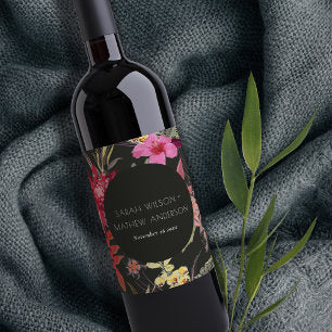 Tropical Boho Dark Lively Red Pink Floral Wedding Wine Label