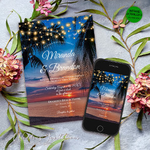 Tropical Sunset String Lights Palm Beach Wedding Invitation
