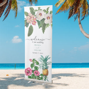 Tropical Watercolor Flowers & Greenery Wedding Retractable Banner