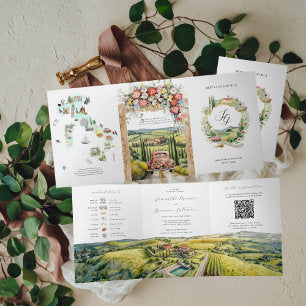 Tuscany Italy Illustrated Wedding Tri-Fold Invitation