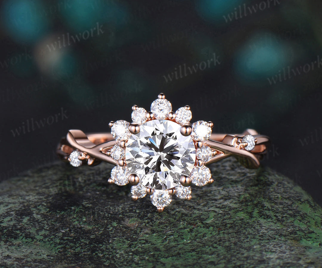 1ct Round Cut IGI Lab Grown Diamond Engagement Ring Solid 14k 18k Rose Gold Halo Branch Vine Twisted Promise Wedding Ring Women Jewelry