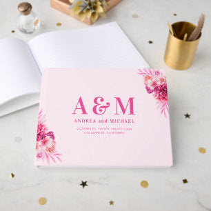 Vibrant Bright Hot Pink Monogram Elegant Wedding Guest Book