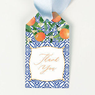 Vibrant Citrus Oranges Classic Blue Tiles Wedding Gift Tags