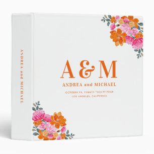 Vibrant Pink & Orange Floral Monogram Wedding 3 Ring Binder