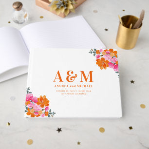 Vibrant Pink & Orange Floral Monogram Wedding Guest Book