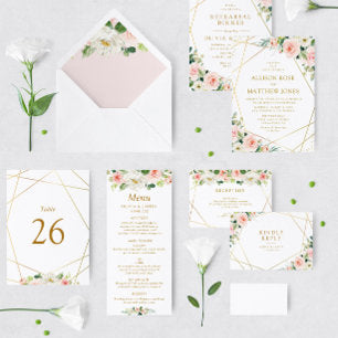 geometric watercolor blush pink floral wedding invitation