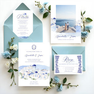 Santorini Greece Architecture Watercolor Wedding All In One Invitation