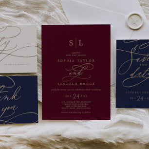 Romantic Burgundy Calligraphy Monogram Wedding Invitation