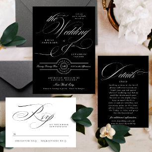 Elegant Classic Calligraphy Black Tie Wedding Invitation