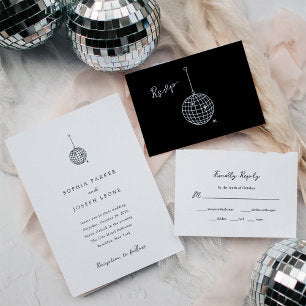 Minimalist Disco Ball Black and White Wedding Invitation