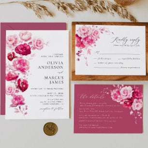 Boho Magenta Hot Pink Floral Elegant Wedding Program