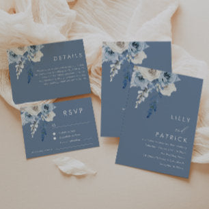 Modern Dusty Blue & White Floral Wedding Invitation