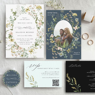 Wildflower Frame 2 Photo Wedding QR Code Navy Blue Save The Date